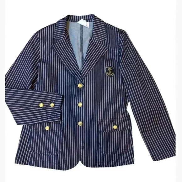 VINTAGE DIANE GILMAN BLUE DENIM BLAZER RED & WHITE  STRIPE NWT - Picture 1 of 11